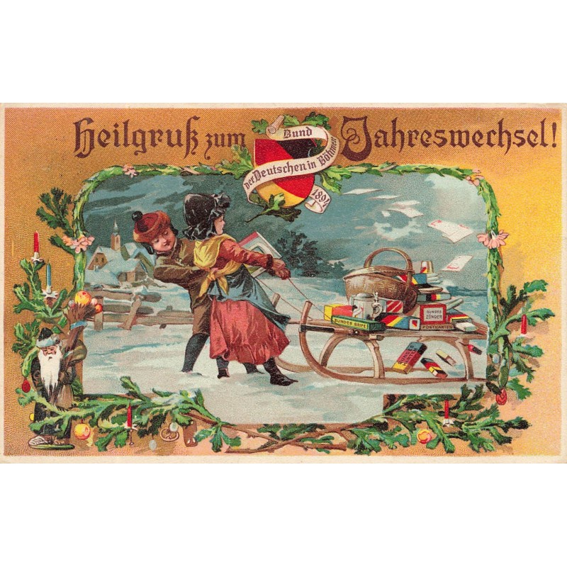 n°29018 - Nouvel An - Heilgruss zum Jahresmechsel- Enfants tirant une luge chargée de cadeaux