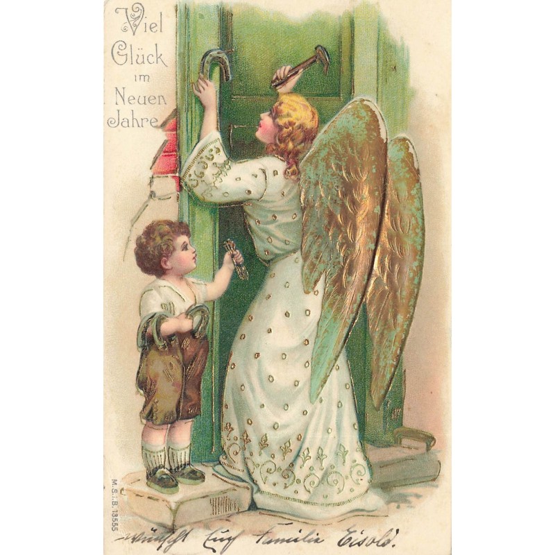 n°29019 - Carte Gaufrée - MSIB 13555 - Viel Glück im Neuen Jahre - Ange gardien clouant un fer à cheval à une porte
