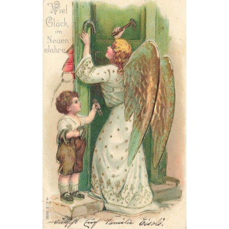 n°29019 - Carte Gaufrée - MSIB 13555 - Viel Glück im Neuen Jahre - Ange gardien clouant un fer à cheval à une porte