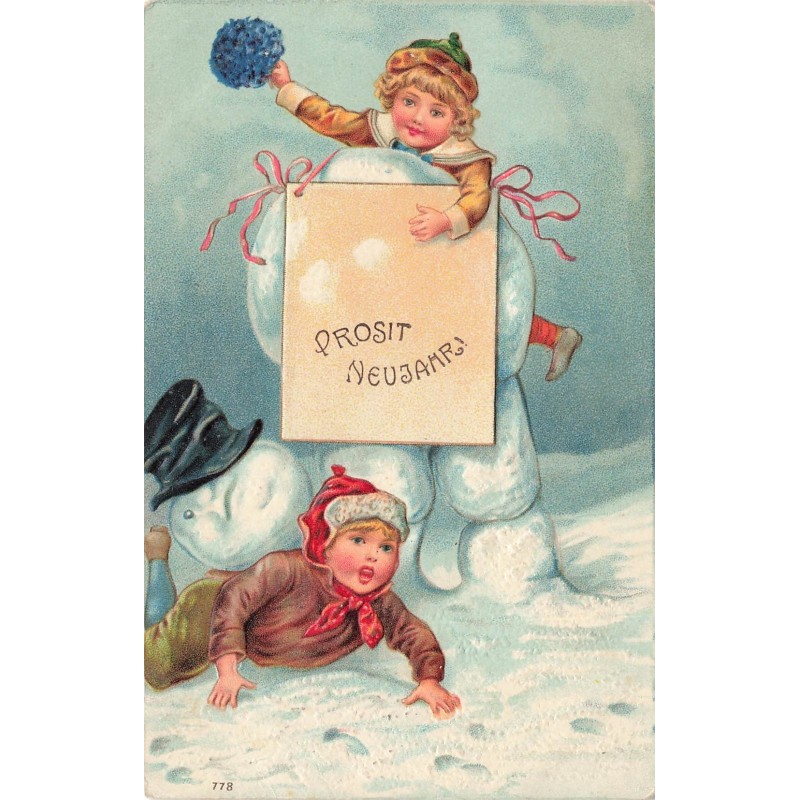 n°29020 - Carte Gaufrée - Prosit Neujahr - Enfants près d'un bonhomme de neige tombé