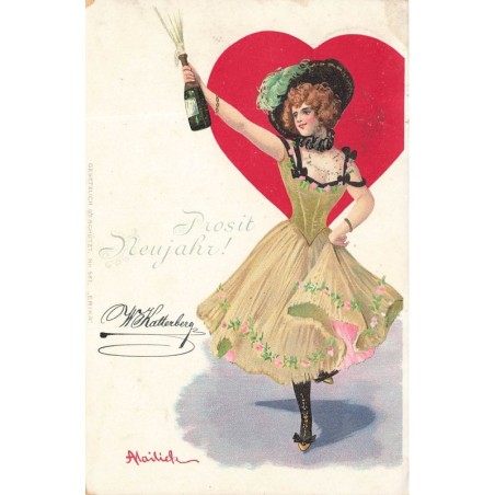 n°29021 - Mailick - Prosit Neujahr - Jeune femme tenant une bouteille de champagne