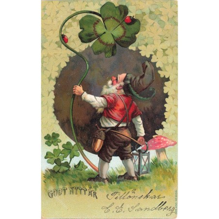n°29022 - Nouvel An - Godt Nyttar  - Nain tenant un trèfle, avec des coccinelles - champignon