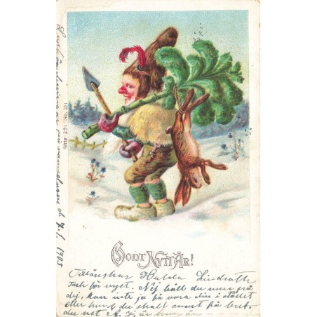 n°29023 - Nouvel An - Godt Nyttar  - Nain tenant un lièvre