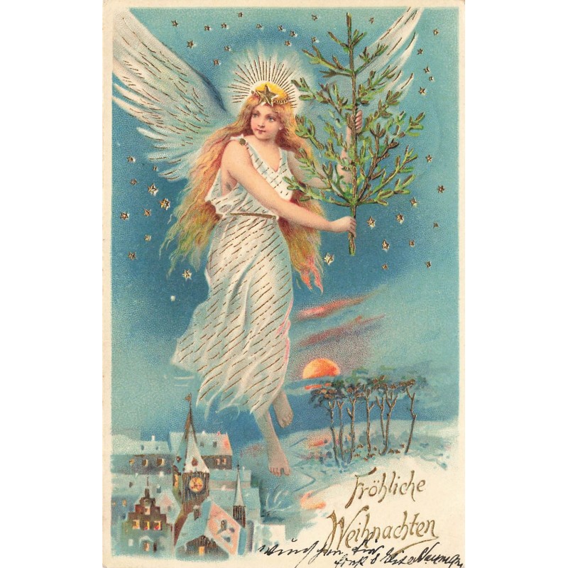 n°29024 - Carte Gaufrée - Fröhliche Weihnachten - Ange gardien apportant un sapin dans la nuit