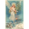 n°29024 - Carte Gaufrée - Fröhliche Weihnachten - Ange gardien apportant un sapin dans la nuit