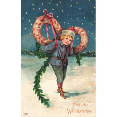 n°29025 - Carte Gaufrée - Fröhliche Weihnachten - Garçon portant un bretzel dans son dos