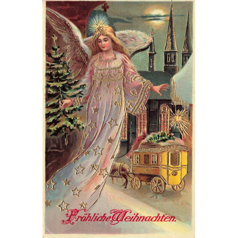n°29026 - Carte Gaufrée - Noël - Fröhliche Weihnachten - Ange gardien près d'une diligence