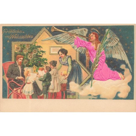 n°29029 - Carte Gaufrée - Fröhliche Weihnachten - Ange gardien veillant sur une famille chantant près d'un sapin