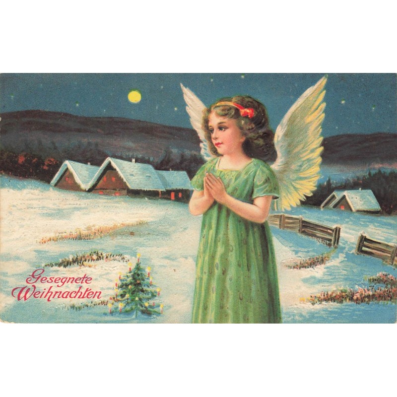 n°29039 - Carte Gaufrée - Noël - Gesegnete Weihnachten - Ange priant près d'un village