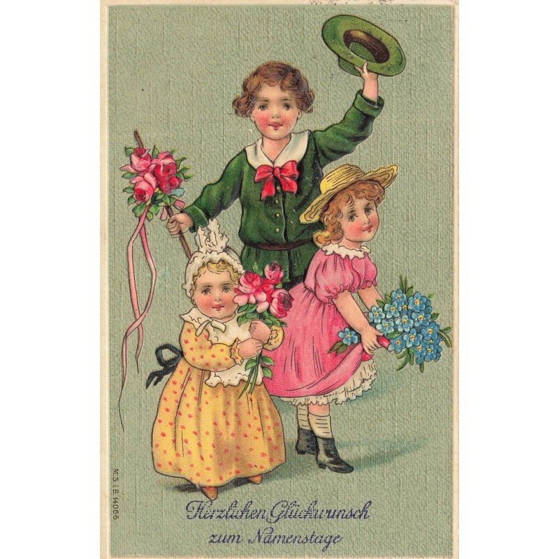 n°29044 - Carte Gaufrée - Anniversaire - MSIB 14066 - Enfants avec des fleurs