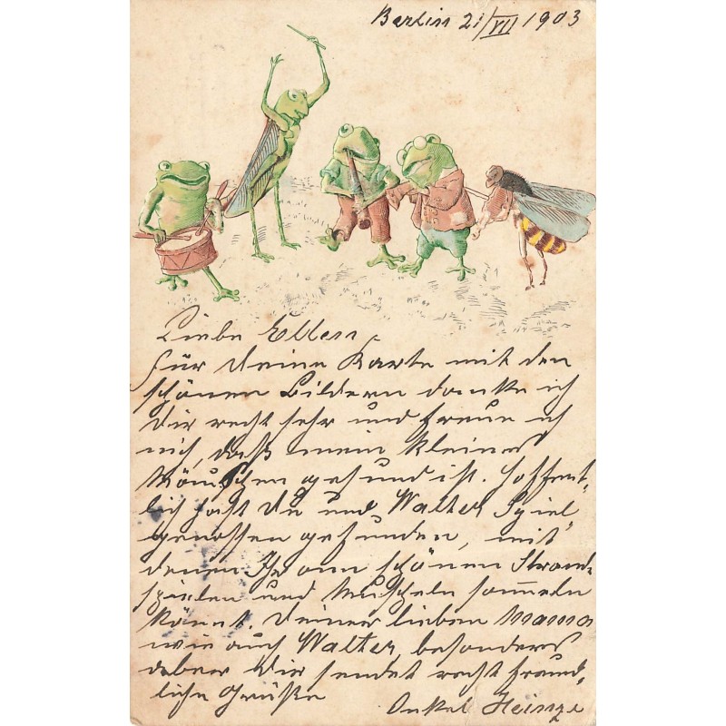 n°29046 - Carte Gaufrée - Animaux humanisés - Grenouilles et sauterelle jouant dela musique