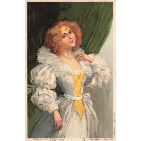 n°29047 - Fantaisie - MSM - Jeune femme porte une belle robe blanche avec un grand col carré