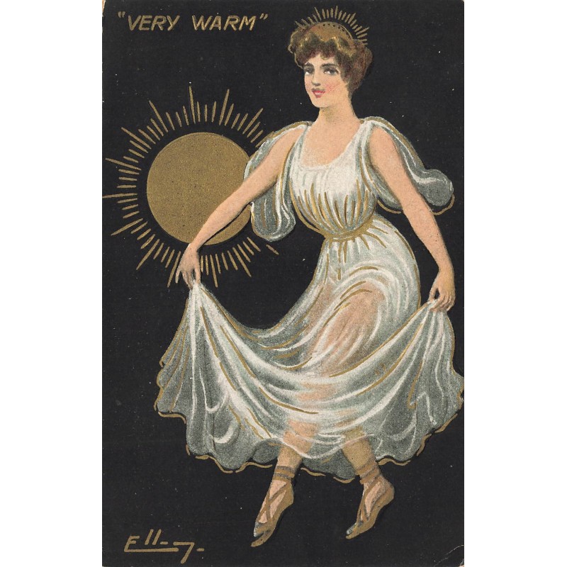 n°29057 - Carte Gaufrée - Ellam - Very Warm - Jeune femme dansant - soleil