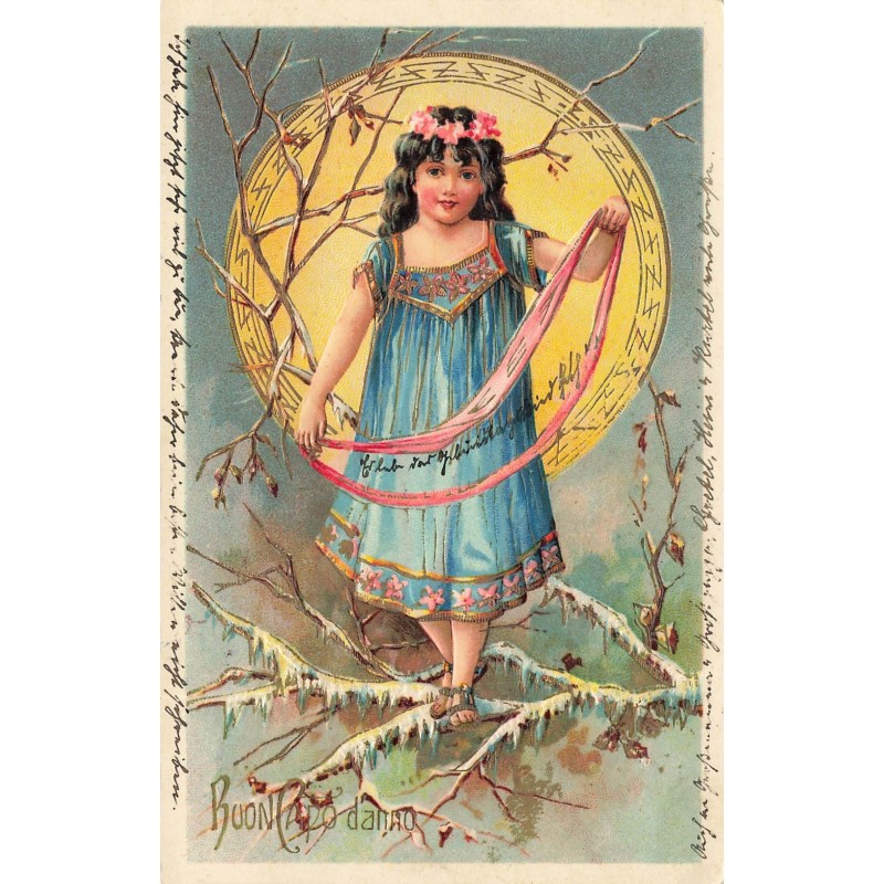 n°29060 - Carte Gaufrée - Buon Capodanno - Jeune fille tenant un ruban, sur des branches enneigées