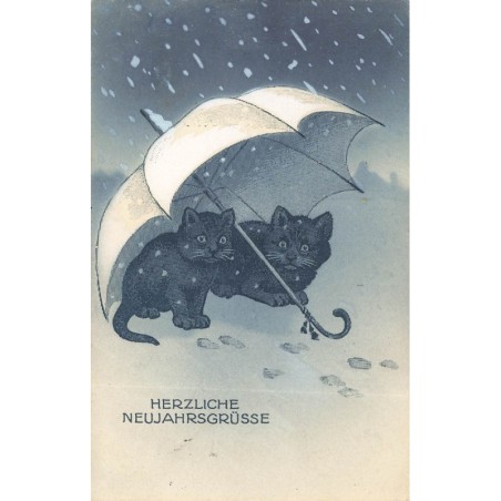 n°29061 - Nouvel An - Cat - Chats noirs se protégeant de la neige sous un parapluie