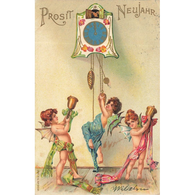 n°29064 - Carte Gaufrée - Nouvel An - Prosit Neujahr - Anges jouant sous une pendule et avec des cloches