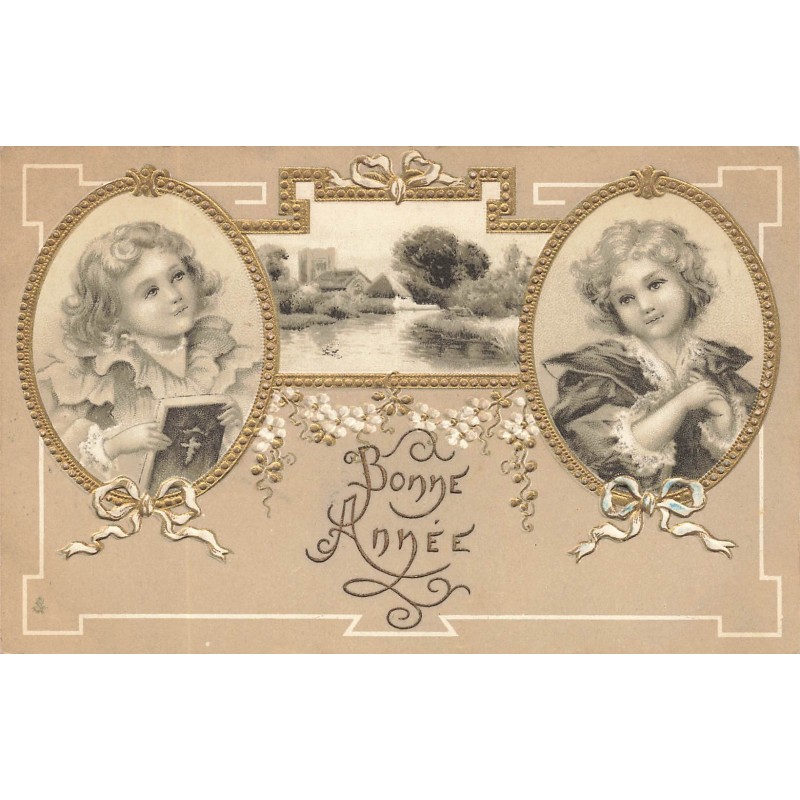n°29066 - Carte Gaufrée - Clapsaddle - Bonne Année - Deux portraits d'enfants dans des médaillons