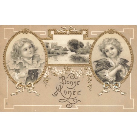 n°29066 - Carte Gaufrée - Clapsaddle - Bonne Année - Deux portraits d'enfants dans des médaillons