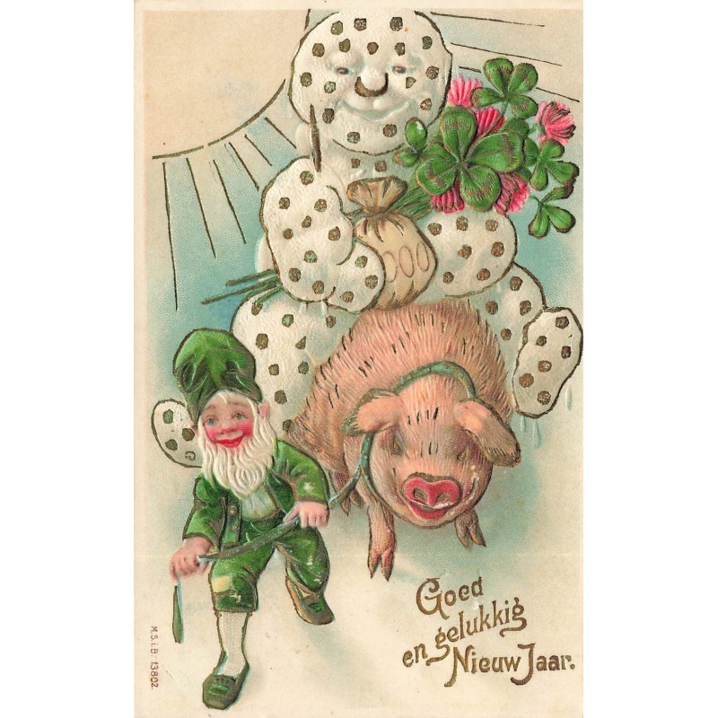 n°29067 - Carte Gaufrée - MSIB 13802 - Nouvel An - Nain tenant un cochon avec un bonhomme de neige sur son dos