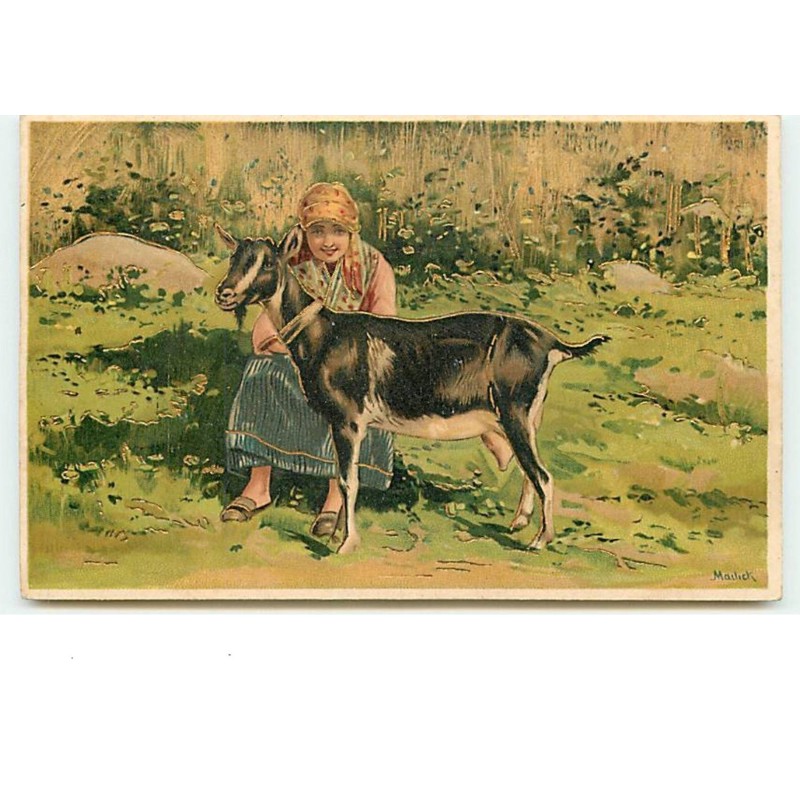 n°13559 - Carte Gaufrée - Mailick - Jeune femme près d'une chèvre