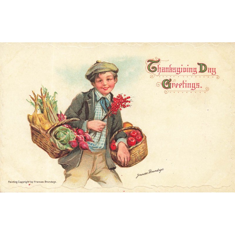 n°29074 - Carte Gaufrée - Thanksgiving Day Greetings - Garçon portant des paniers remplis - Brundage