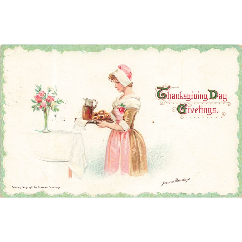 n°29075 - Carte Gaufrée - Thanksgiving Day Greetings - Jeune femme apportant des gateaux sur un plateau - Brundage