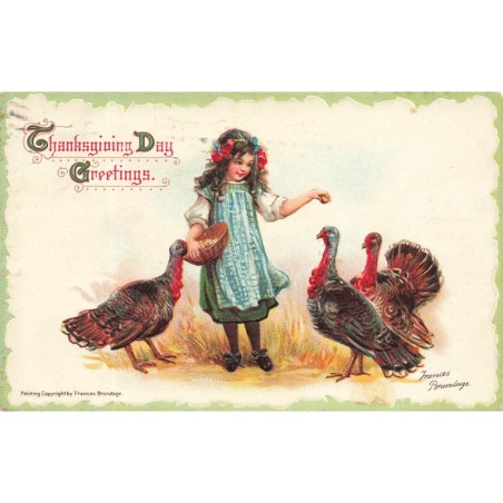 n°29077 - Carte Gaufrée - Thanksgiving Day Greetings - Jeune fille donnant à manger à des dindons - Brundage