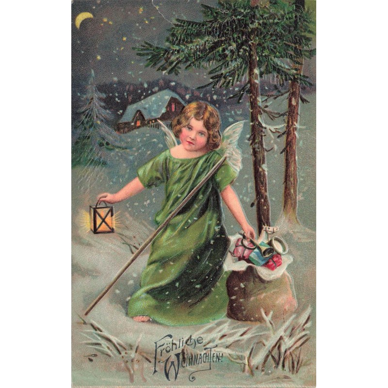 n°29078 - Carte Gaufrée - Noël - Fröhliche Weihnachten - Ange près d'un sac rempli de jouet, dans la nuit