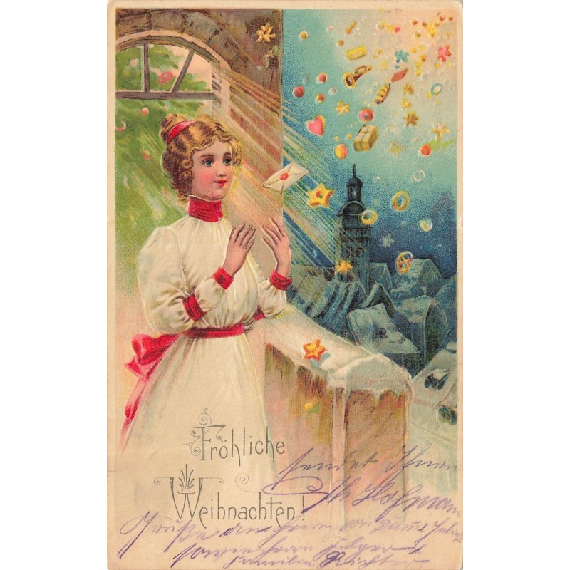 n°29080 - Carte Gaufrée - Noël - Fröhliche Weihnachten - Jeune femme attrapant une enveloppe