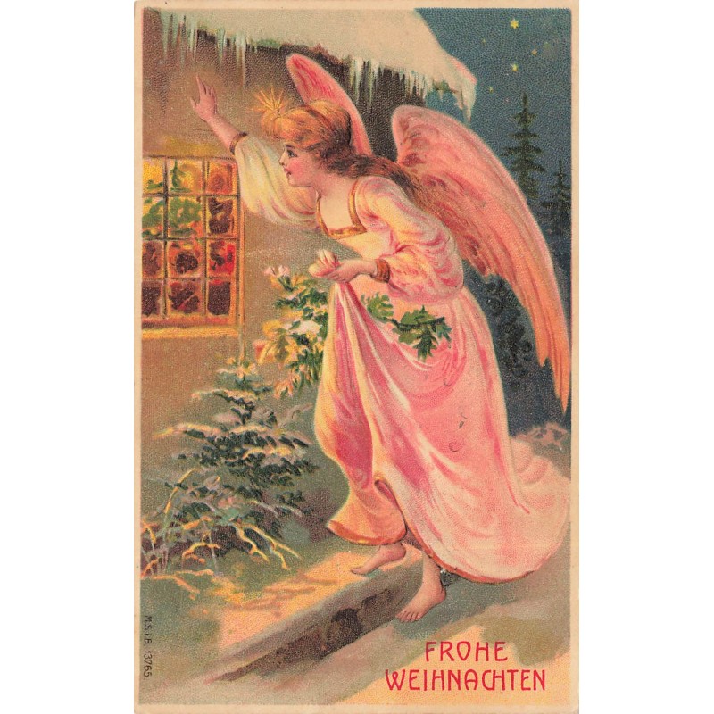 n°29081 - Carte Gaufrée - MSIB 13765 - Fröhe Weihnachten - Ange gardien regardant par une fenêtre