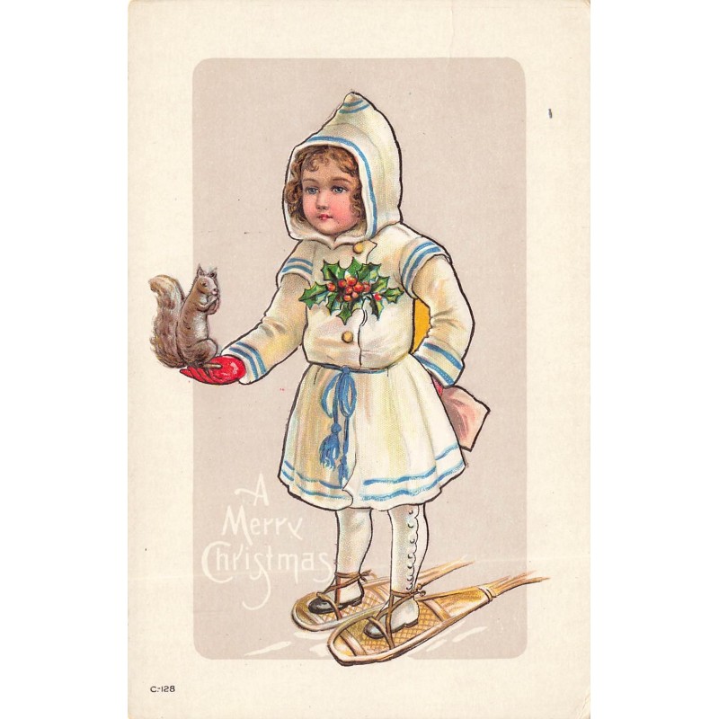 n°29083 - Carte Gaufrée - squirel - A Merry Christmas - Fillette en raquette tenant un écureuil dans la main