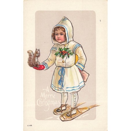 n°29083 - Carte Gaufrée - squirel - A Merry Christmas - Fillette en raquette tenant un écureuil dans la main