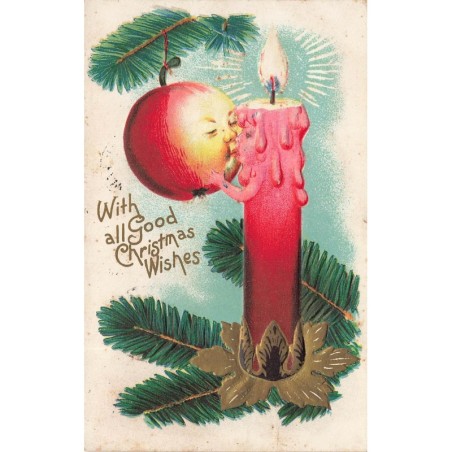 n°29085 - Carte Gaufrée - With all Good Christmas Wishes - Une pomme et une bougie humanisées s'embrassant