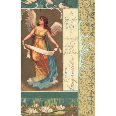 n°29086 - Carte Gaufrée - Clapsaddle - Fröhliche Ostern - Ange gardien au-dessus de nénuphars - Art Nouveau