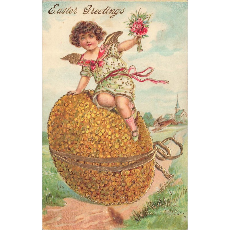 n°29089 - Carte Gaufrée - Pâques - Easter Greetings - Ange assis sur un oeuf recouvert de fleurs