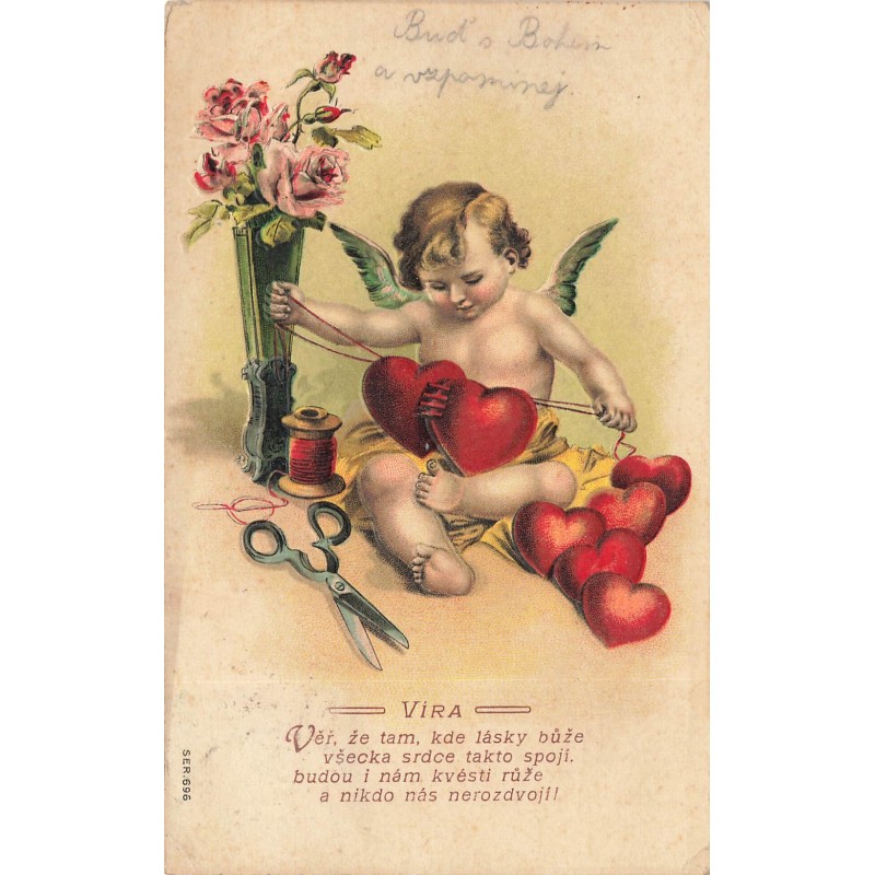 n°29090 - Carte Gaufrée - Saint-Valentin - Vira - Ange accrochant des coeurs ensemble