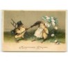 n°13562 - Carte Gaufrée - Heureuses Pâques - Poussins habillés, un en ramoneur