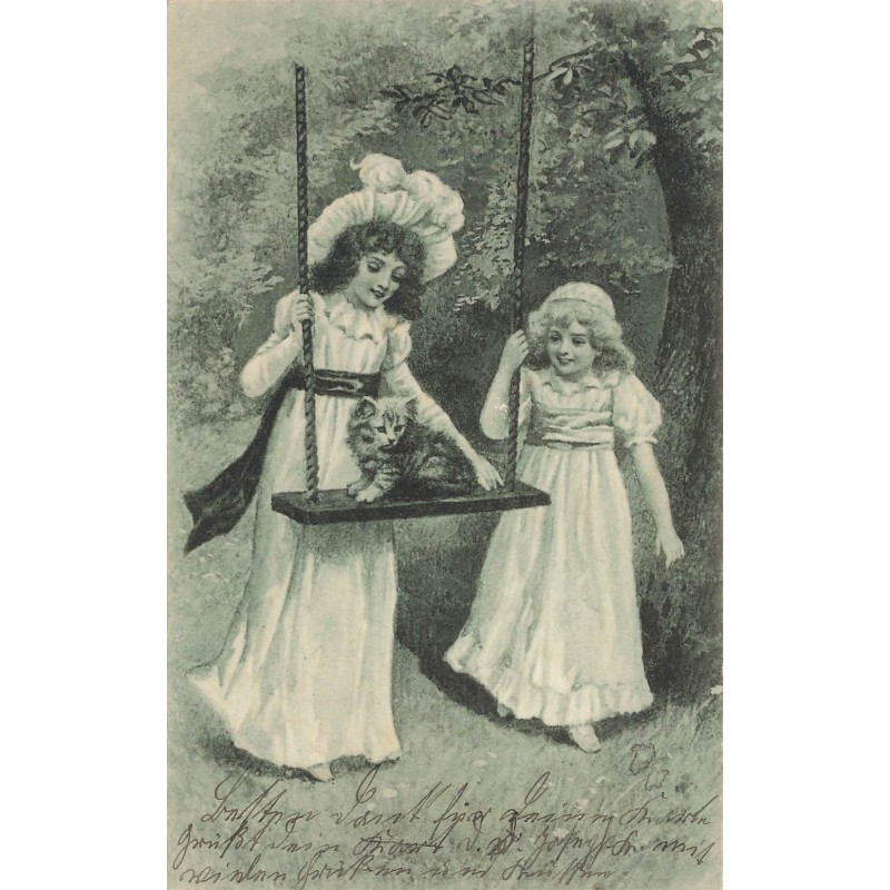 n°29096 - Fantaisie - Fillettes jouant avec un chat sur une balançoire