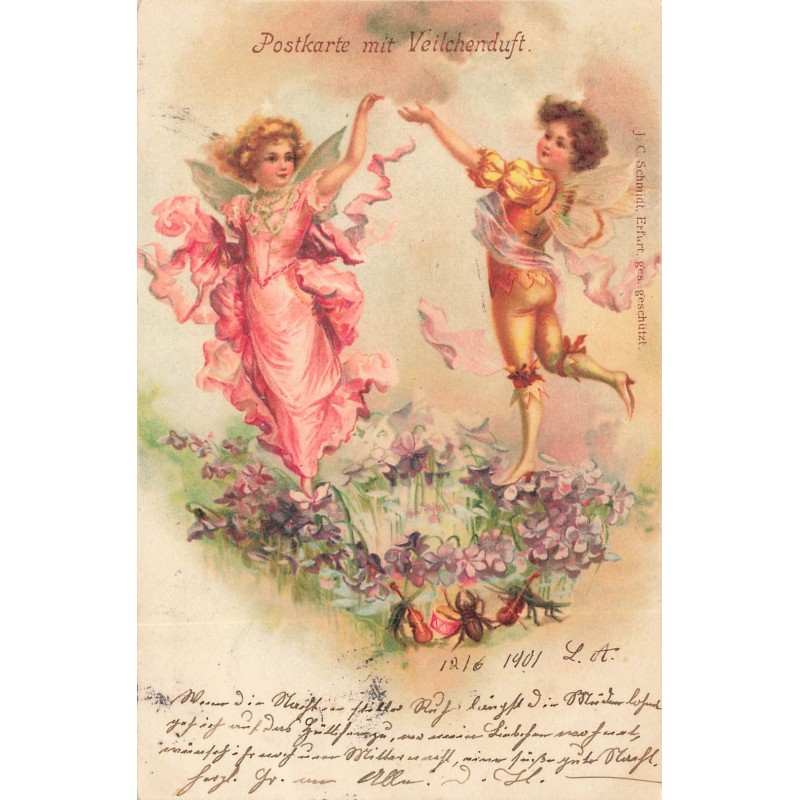 n°29097 - Clapsaddle - Postkarte mit Veilchenduft - Couple d'elfes dansant au-dessus de violettes