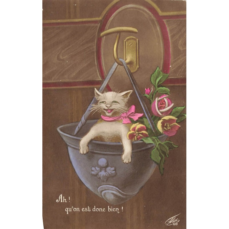 n°29099 - Chat - Ah ! qu'on est donc bien - Chat dans un pot rempli de fleurs