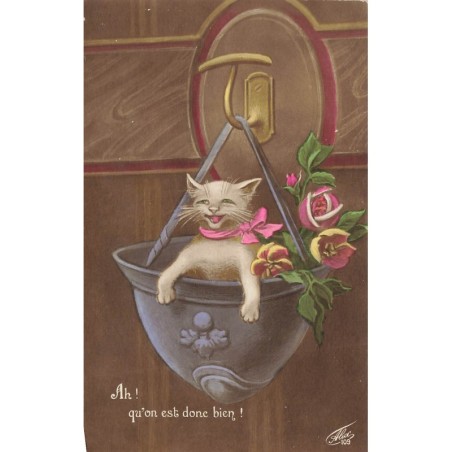 n°29099 - Chat - Ah ! qu'on est donc bien - Chat dans un pot rempli de fleurs