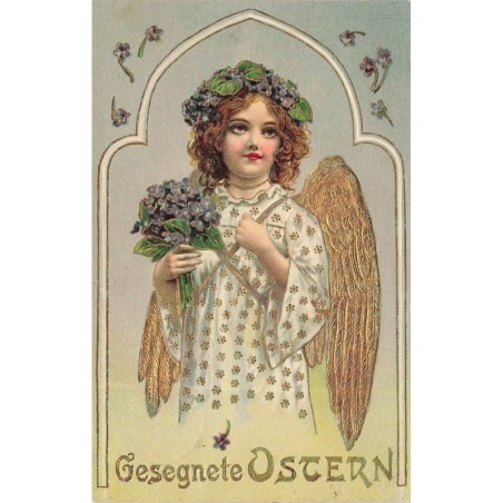 n°29101 - Carte Gaufrée - Pâques - Gesegnete Ostern - Ange tenant un bouquet de violettes