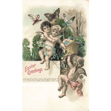 n°29102 - Carte Gaufrée - Easter Greetings - Anges portant un panier rempli d'oeufs, entourés de papillons