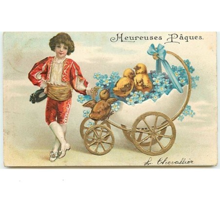 n°13563 - Carte Gaufrée - Clapsaddle - Heureuses Pâques - Poussins dans un oeuf en poussette à côté d'un garçon