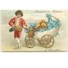 n°13563 - Carte Gaufrée - Clapsaddle - Heureuses Pâques - Poussins dans un oeuf en poussette à côté d'un garçon
