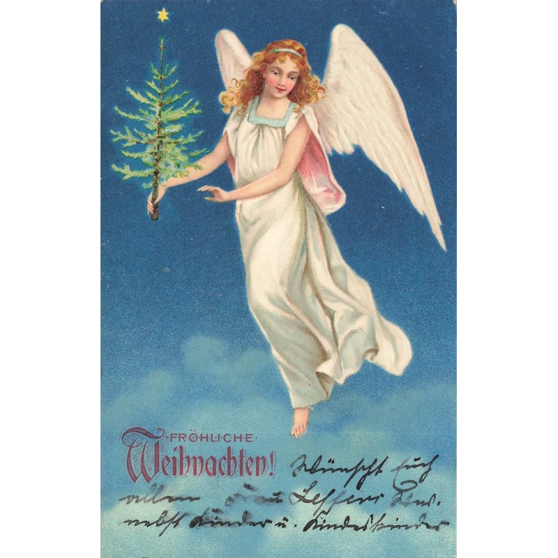 n°29104 - Carte Gaufrée - Fröhliche Weihnachten - Ange gardien apportant un sapin