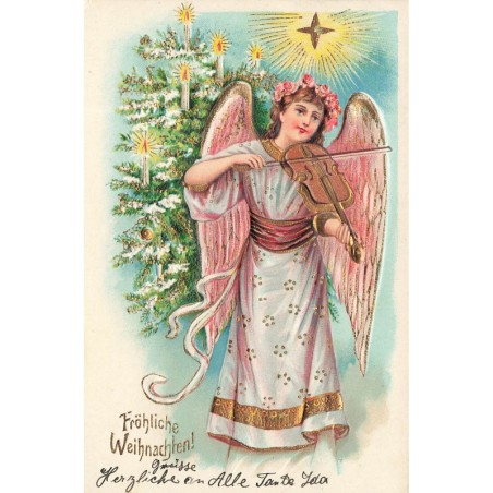 n°29105 - Carte Gaufrée - Fröhliche Weihnachten - Ange gardien jouant du violon sous une étoile