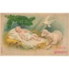 n°29106 - Carte Gaufrée - MSIB 13762 - Fröhliche Weihnachten - Un mouton et une colombe veillant sur un bébé dormant