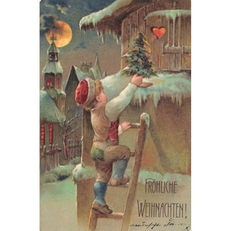 n°29107 - Carte Gaufrée 3742 - Fröhliche Weihnachten - Garçon, sur une échelle, déposant un sapin à une fenêtre