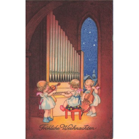 n°29109 - Fröhliche Weihnachten - Anges jouant de la musique, l'une de l'orgue, une autre du violon